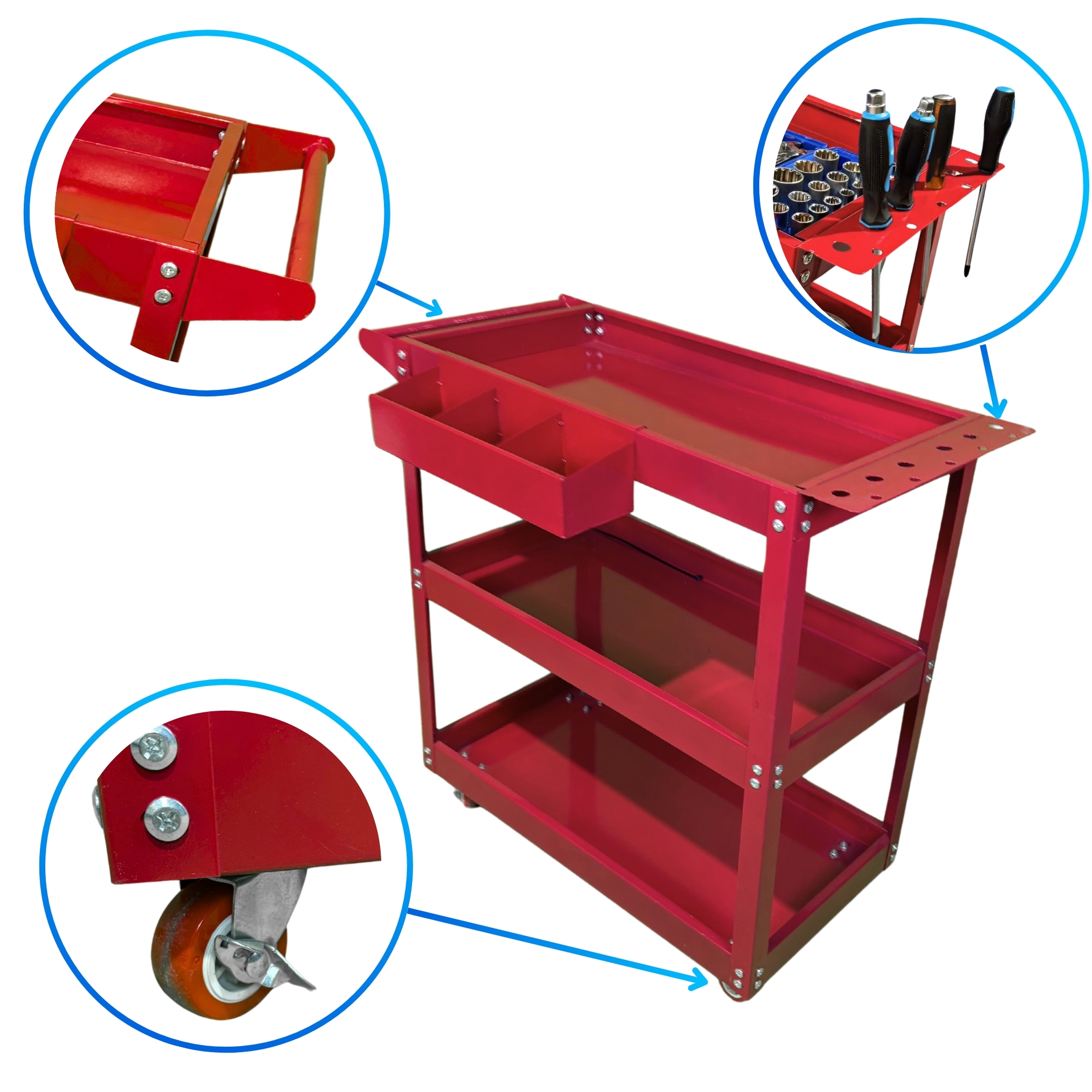 Montážny vozík 3 police Červený Zosilnený RT-5502 (7)